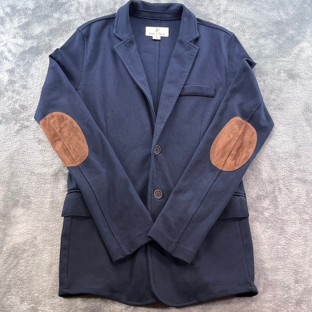 Shred & Thread Navy Blue Knit Blazer Brown Elbow Patches Academic Preppy Small‎